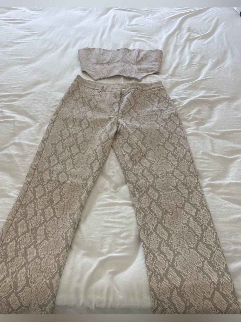 Beige Snake-Print Straight Leg Pants